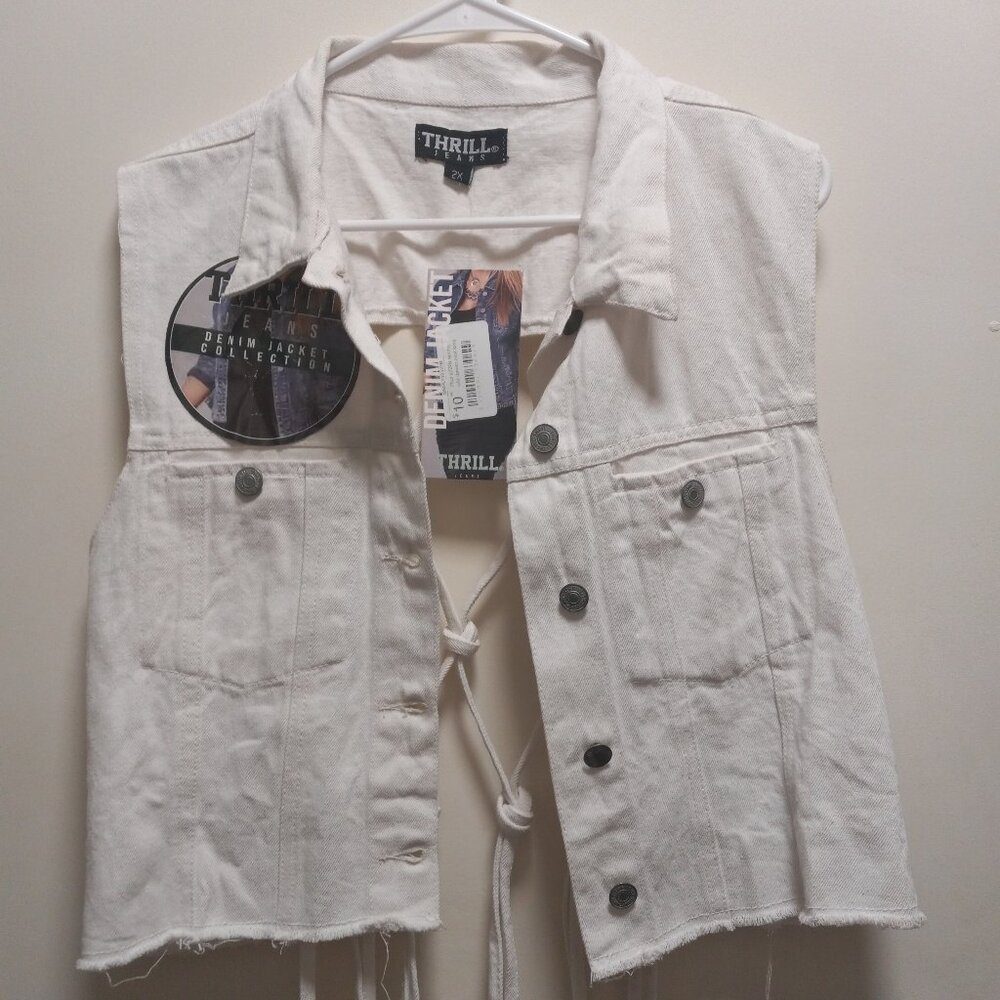 white, denim vest, sleeveless, open back, knot detailing